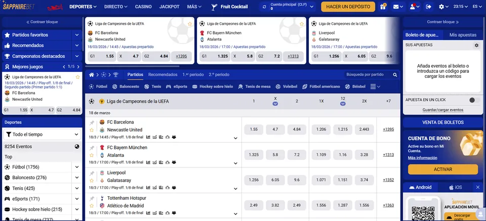 Sección de deportes en SapphireBet